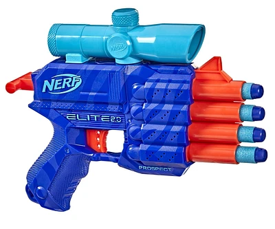 Nerf Elite 2.0, blaster Prospect QS-4, motif camo Wild Edition, 8 fléchettes Nerf Elite , 4 tirs, viseur de précision, poignée d'amorçage À partir de 8 ans