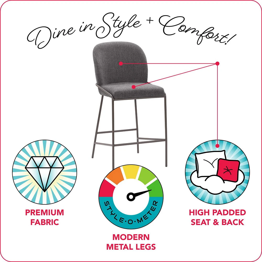 CorLiving Blakeley Tabouret de bar moderne rembourré à hauteur de comptoir avec pieds en métal – Vendu à l'unité – Tabourets de bar de cuisine confortables, tabourets de comptoir de bar et chaises à h