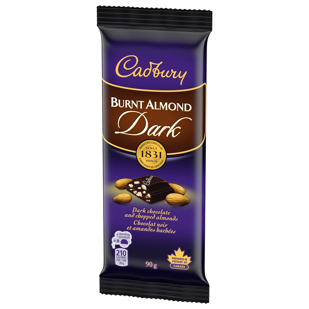 CADBURY Burnt Almond Chocolate Bar, Dark Chocolate with Chopped Almonds, Dark Chocolate Bar, Single Bar, 90 g, CAD BURNT ALMOND 90G 21