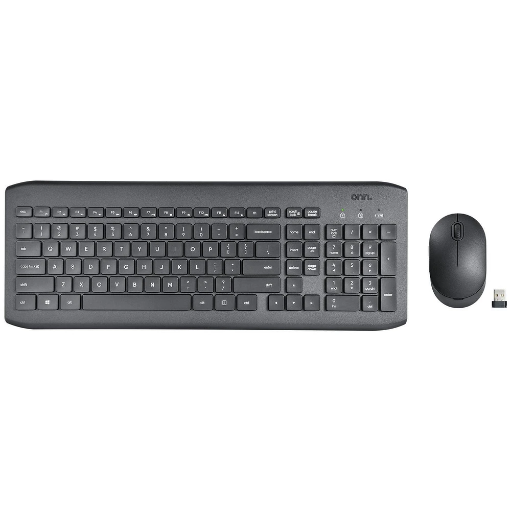 onn. 100009054 Wireless 104 Keys Full Keyboard and 5-Button Mouse, Easy Connect USB Receiver