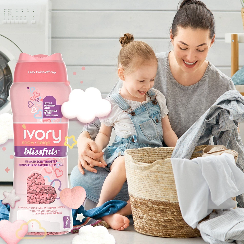 Perles de rehausseur de parfum pour lessive Ivory Neige Blissfuls, Parfum frais de bébé 379G