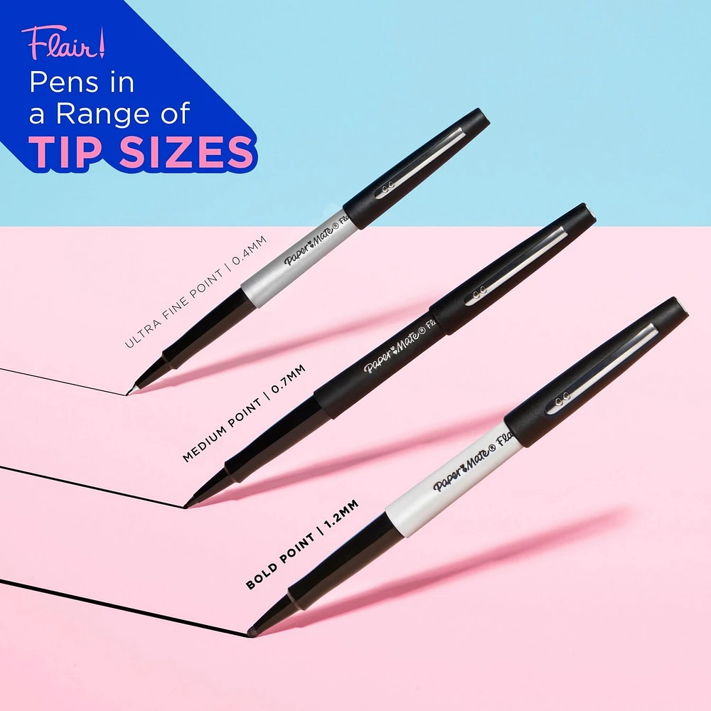 Stylos Paper Mate Flair, feutre, pointe audacieuse (1,2 mm), couleurs assorties, 16 unités