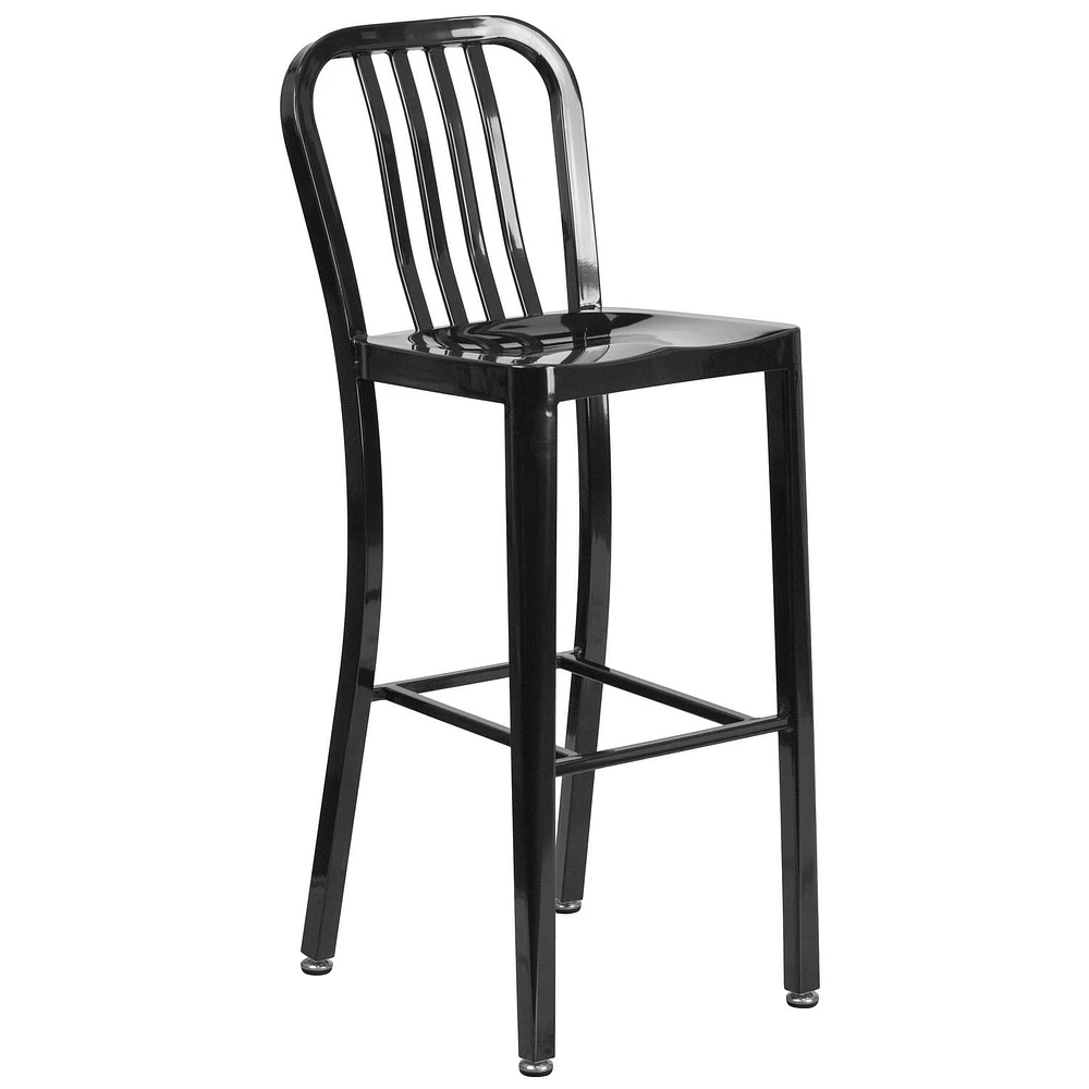 Tabouret de bar en métal noir de 30 pouces de hauteur pour l'intérieur et l'extérieur avec dossier à traverses verticales