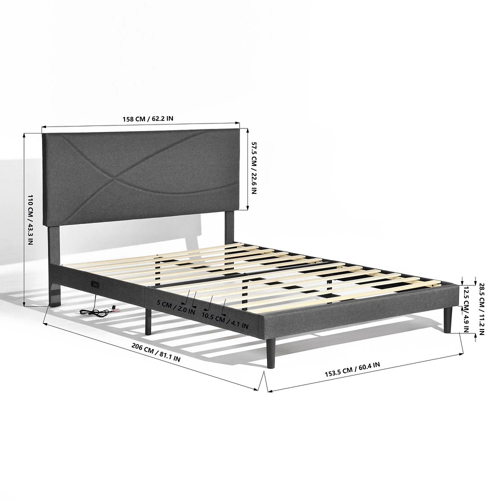 Cadre de lit rembourré pour enfants Homy Casa avec ports USB et tête de lit à lumière DEL, lattes métalliques robustes