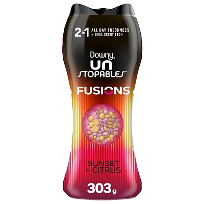 Perles rehausse-parfum pour lessive Downy Unstopables Fusions, parfum Coucher de soleil et agrumes, fraîcheur 2 en 1 toute la journée 303G