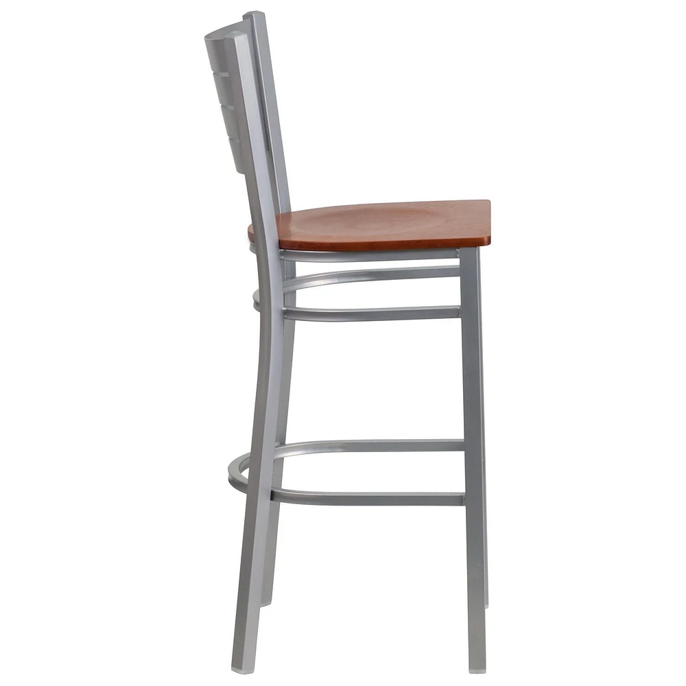 Lot de 2 pièces - Tabouret de bar de la série HERCULES en métal argenté avec dossier à lattes - siège en bois de cerisier