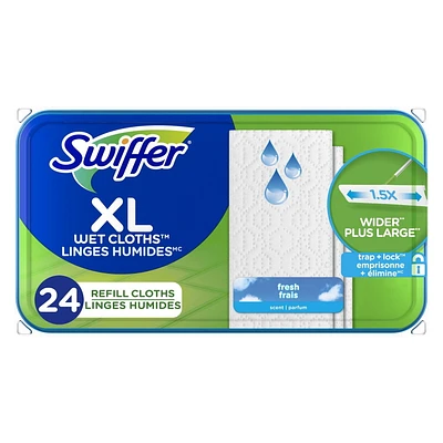 Recharges de linges humidifiés Swiffer grand format pour balayer et nettoyer les planchers, nettoyant pour planchers multi-surfaces, parfum Frais, 12 unités 12CT