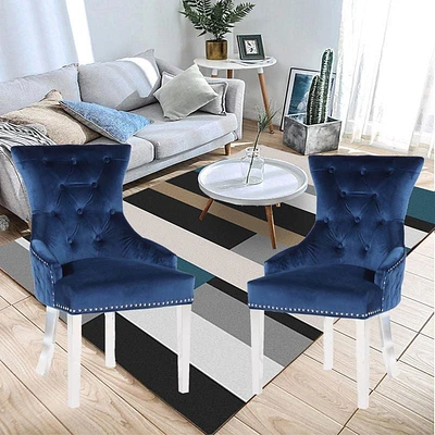 Gothel Chair in Blue, Nailhead trim and Tufted back Dining Chair, Velvet Upholstery Dining Chair, Dining Chair with Stainless Steel legs  for Kitchen and Living Room- Set 2