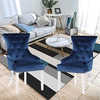 Gothel Chair in Blue, Nailhead trim and Tufted back Dining Chair, Velvet Upholstery Dining Chair, Dining Chair with Stainless Steel legs  for Kitchen and Living Room- Set 2