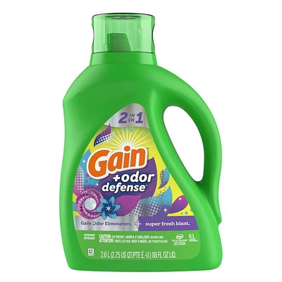 Détergent à lessive liquide Gain Odeur Defense, parfum Fraîcheur éclatante, 2 en 1, détergent à lessive liquide, compatible avec les laveuses HE 2,6 L