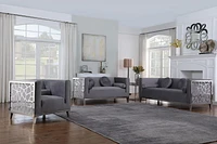K-Living Darlene Grey Plush Velvet Chair With Chrome Stainless Steel Detailing on Arms