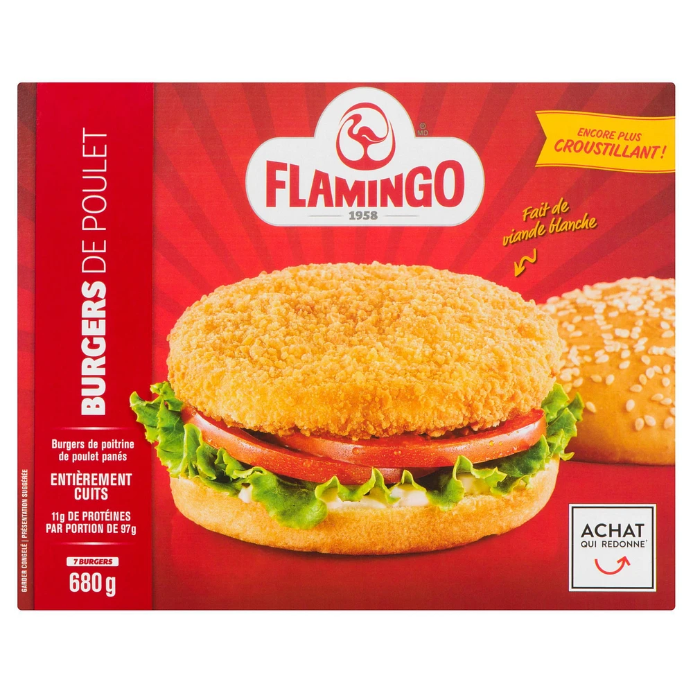 Chicken Breast Burgers Breaded and fully cooked, Flamingo, Chicken Breast Burgers Breaded and fully cooked,  680 g 11g meat protein