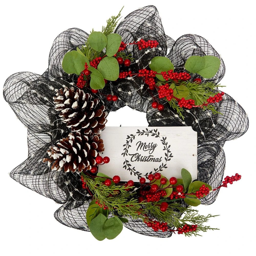 Holiday Time 20" Merry Christmas Sign Mesh Christmas Wreath