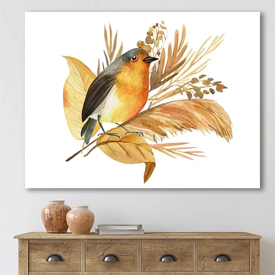 Designart Robin Bird et fleurs d'automne Art mural sur toile