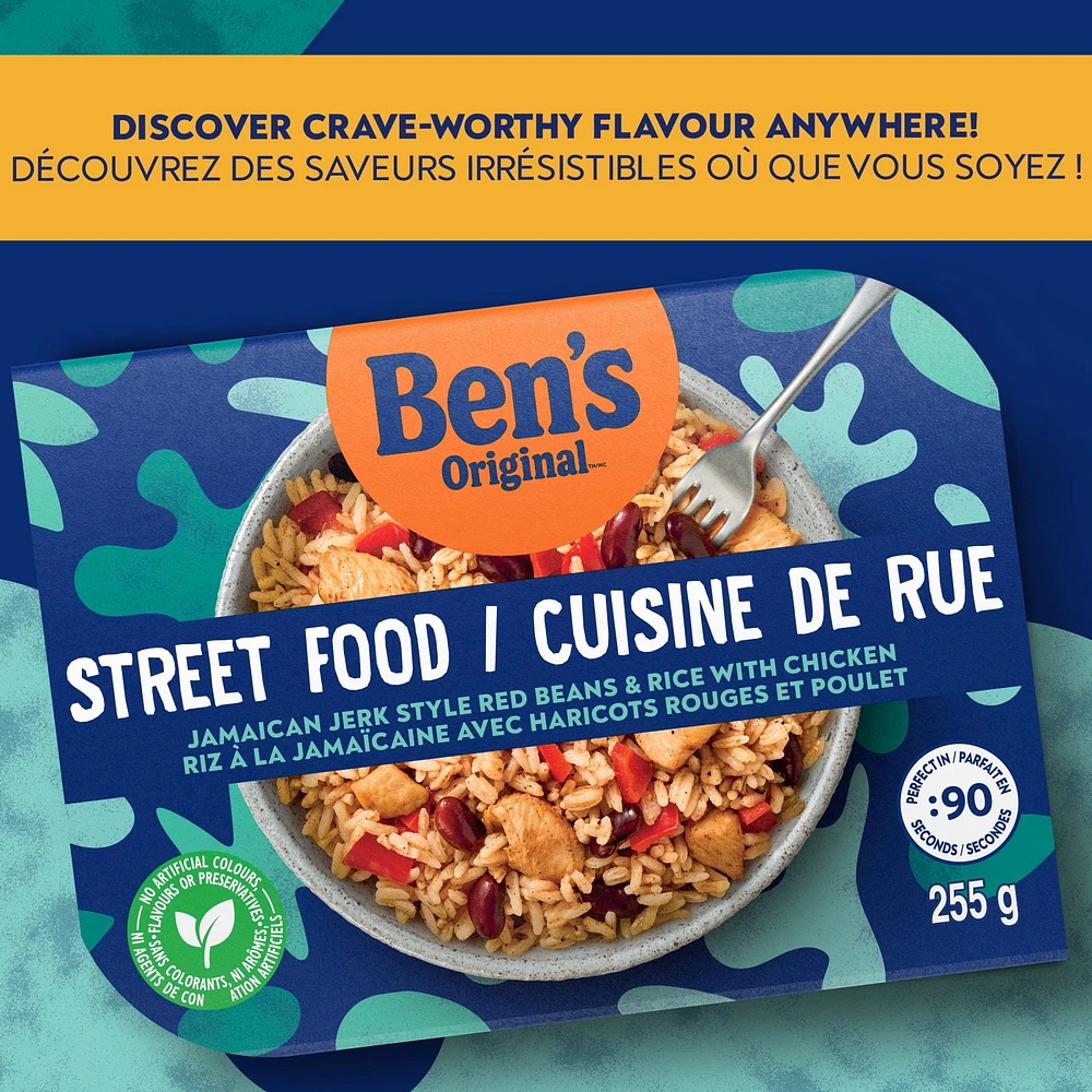 BEN'S ORIGINAL Street Food Jamaican Jerk Style Beans & Rice with Chicken, Prepared Entrée, Microwave in 90 Seconds, 255 g, Ben's Original Street Food Jamaican Jerk Style Red Beans & Rice with Chicken