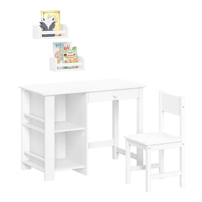Ensemble bureau et chaise pour enfants avec bacs, porte-livres et 2 étagères flottantes de 250 mm (10 po) - Blanc