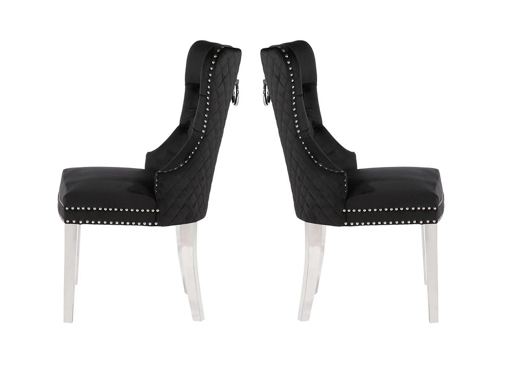 Chaise Marlon en noir, garniture à ongles et chaise de salle à manger à la touffe, chaise à manger en velours, chaise à manger avec pieds en acier inoxydable pour la cuisine et le salon - Ensemble 2