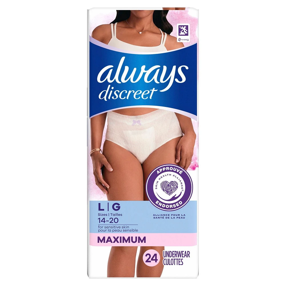 Culottes pour peau sensible Always Discreet, absorption maximale, quatre fois la protection de la peau, testées sous contrôle dermatologique, taille G, sans parfum, 24culottes 24CT