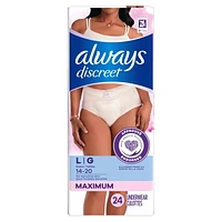 Culottes pour peau sensible Always Discreet, absorption maximale, quatre fois la protection de la peau, testées sous contrôle dermatologique, taille G, sans parfum, 24culottes 24CT