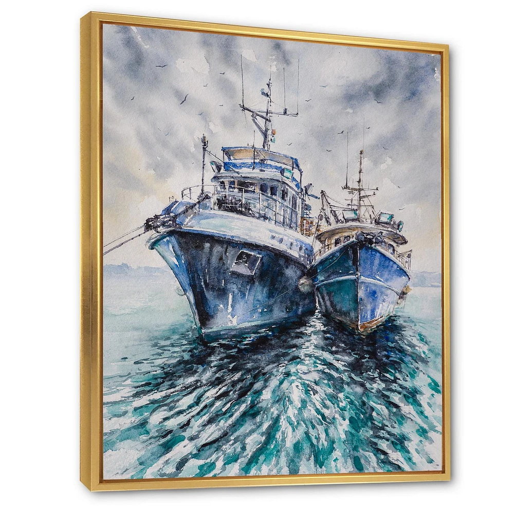 Designart Deux bateaux de pêche avant une tempête ancrés ART MURAL À CADRE FLOTTÉ