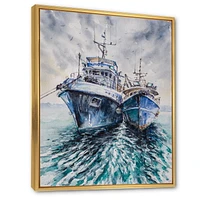 Designart Deux bateaux de pêche avant une tempête ancrés ART MURAL À CADRE FLOTTÉ