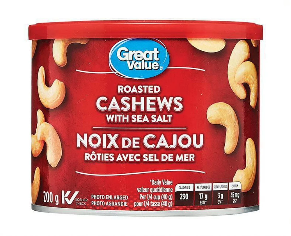 Great Value Roasted Cashews with Sea Salt, 200 g