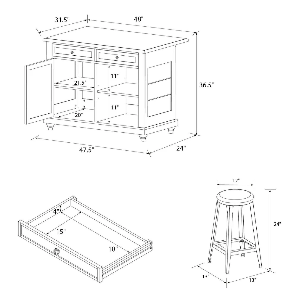 Îlot de cuisine avec tiroirs et deux (2) tabourets Kelsey de DHP
