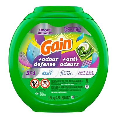 Capsules de détergent à lessive Gain Flings avec Odour Defense, capsules de détergent 3 en 1 avec Febreze et Oxi, parfum Explosion de fraîcheur, compatible avec les laveuses HE 76CT