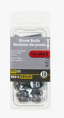 1/4-20x1" Flat Head Stove Bolt with Nuts 10 Pieces, Used to fasten metal to metal, metal to wood and other types of materials, with machine tapped threads or nuts, where disassembly may be required or where a more secure clamping of parts is required.