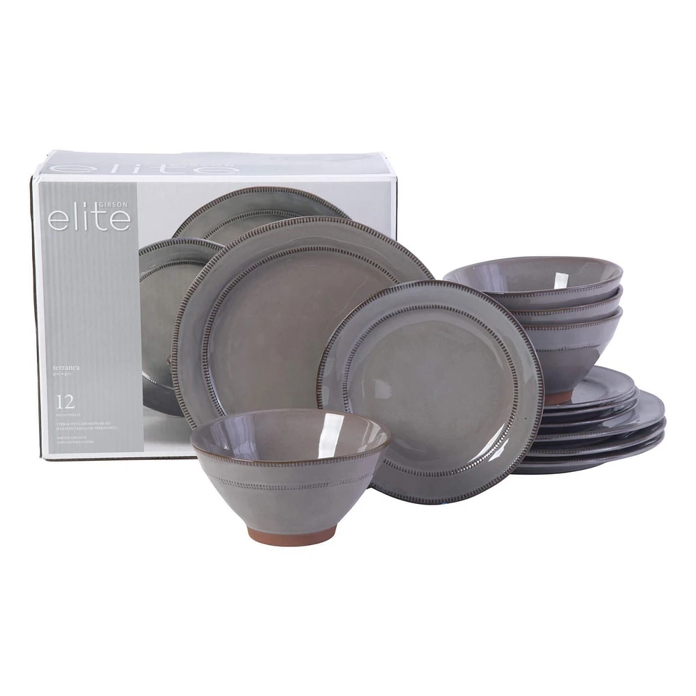 Gibson Elite Terranea 12 Piece Dinnerware Set, Grey, Terracotta