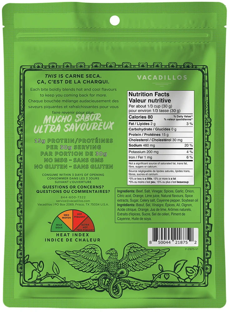 Vacadillos Carne Seca Chile Lime 57g, All natural, no sugar thinly sliced Air-Dried steak seasoned with various spices and flavors, including chiles and lime.