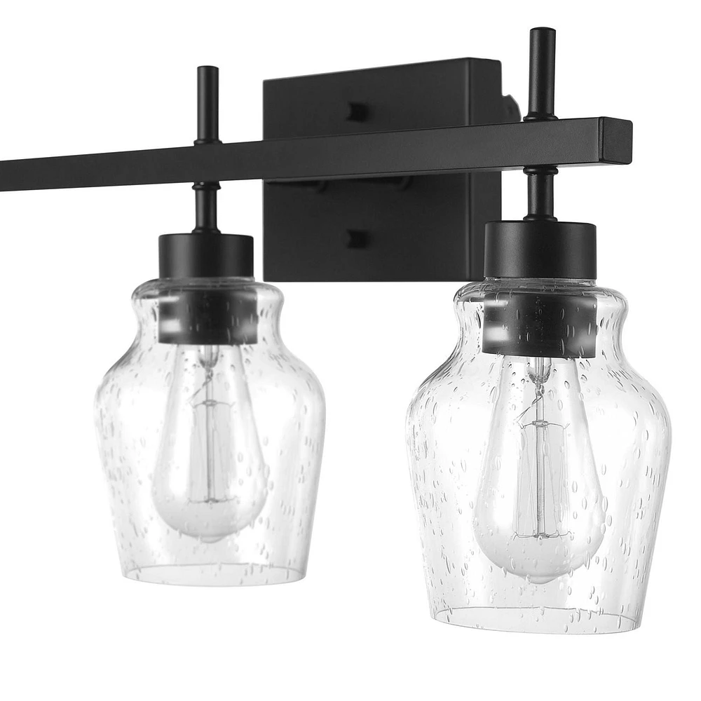 Ensemble de salle de bain tout-en-un de 5 pièces Bunbury, noir mat, applique murale à 3 ampoules avec abat-jours en verre bullé, porte-serviette, anneau à serviette, crochet à peignoir, supp