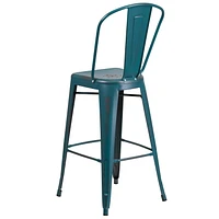 Tabouret de bar en métal vieilli bleu-sarcelle Kelly de 30 pouces de hauteur pour l'intérieur et l'extérieur avec dossier