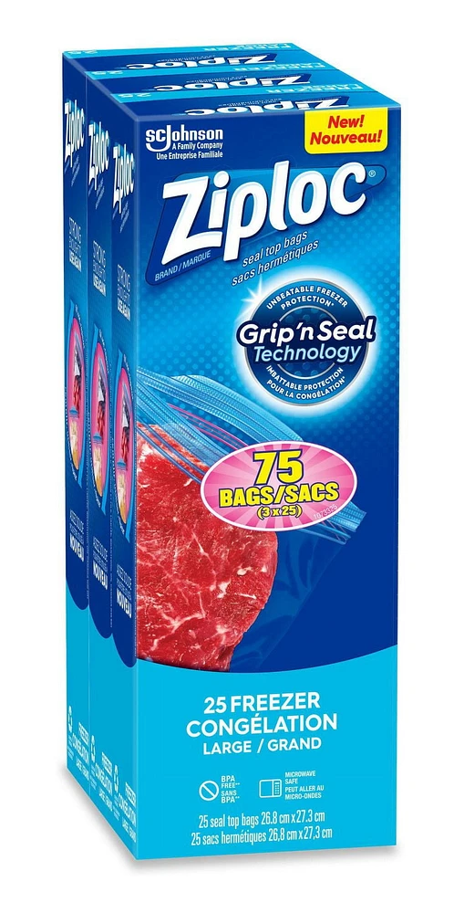 Ziploc Freezer Bags Large 3 Pack, 3 x 25 Bags