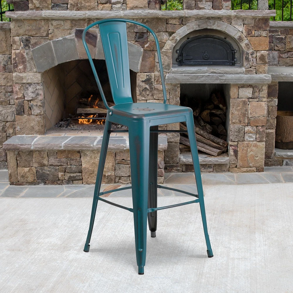 Tabouret de bar en métal vieilli bleu-sarcelle Kelly de 30 pouces de hauteur pour l'intérieur et l'extérieur avec dossier