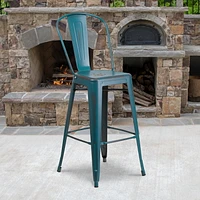 Tabouret de bar en métal vieilli bleu-sarcelle Kelly de 30 pouces de hauteur pour l'intérieur et l'extérieur avec dossier
