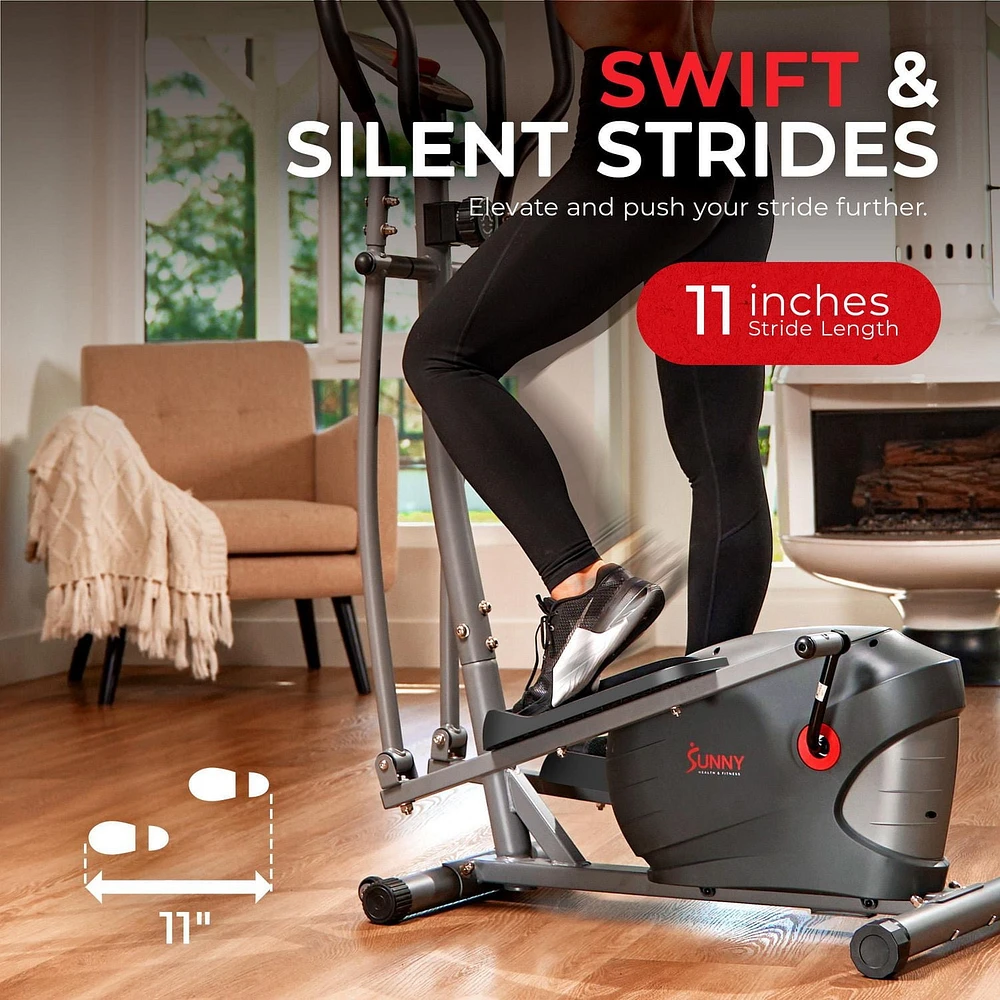 Sunny Health & Fitness machine elliptique compacte performante avec résistance réglable sur 8 niveaux, capteur de pouls et connectivité Bluetooth améliorée via l'application exclusive SunnyFit