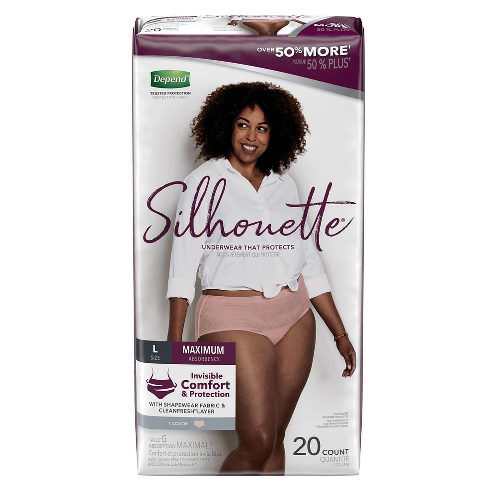 Culottes d’incontinence Depend Silhouette pour femmes, absorption maximale, G, rose, emballage de 20 DEPEND SIL MAX L 20