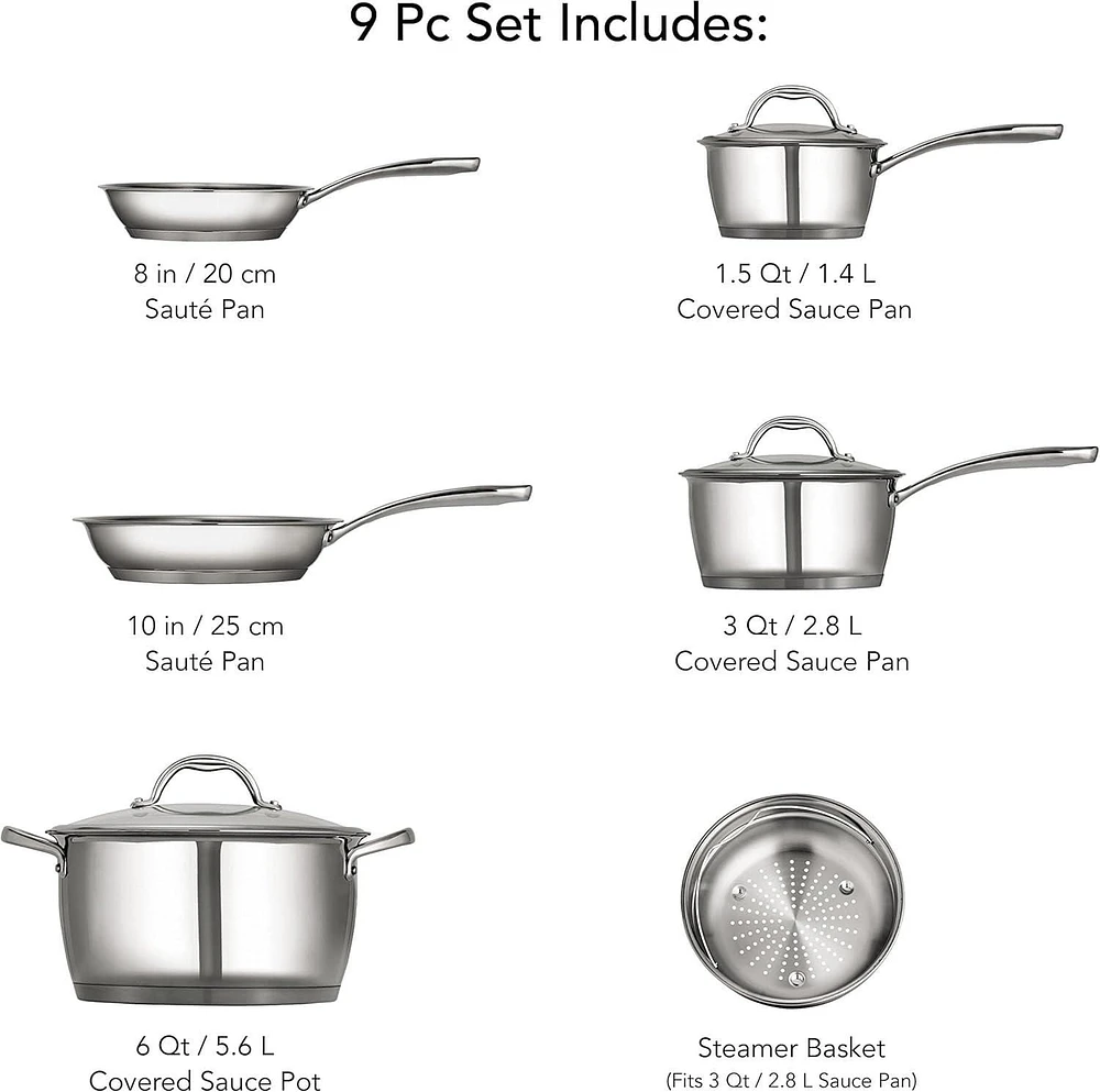 Tramontina 80154/567DS Tri-Ply Base Stainless Steel Cookware Set, Induction Clear, 9-Piece