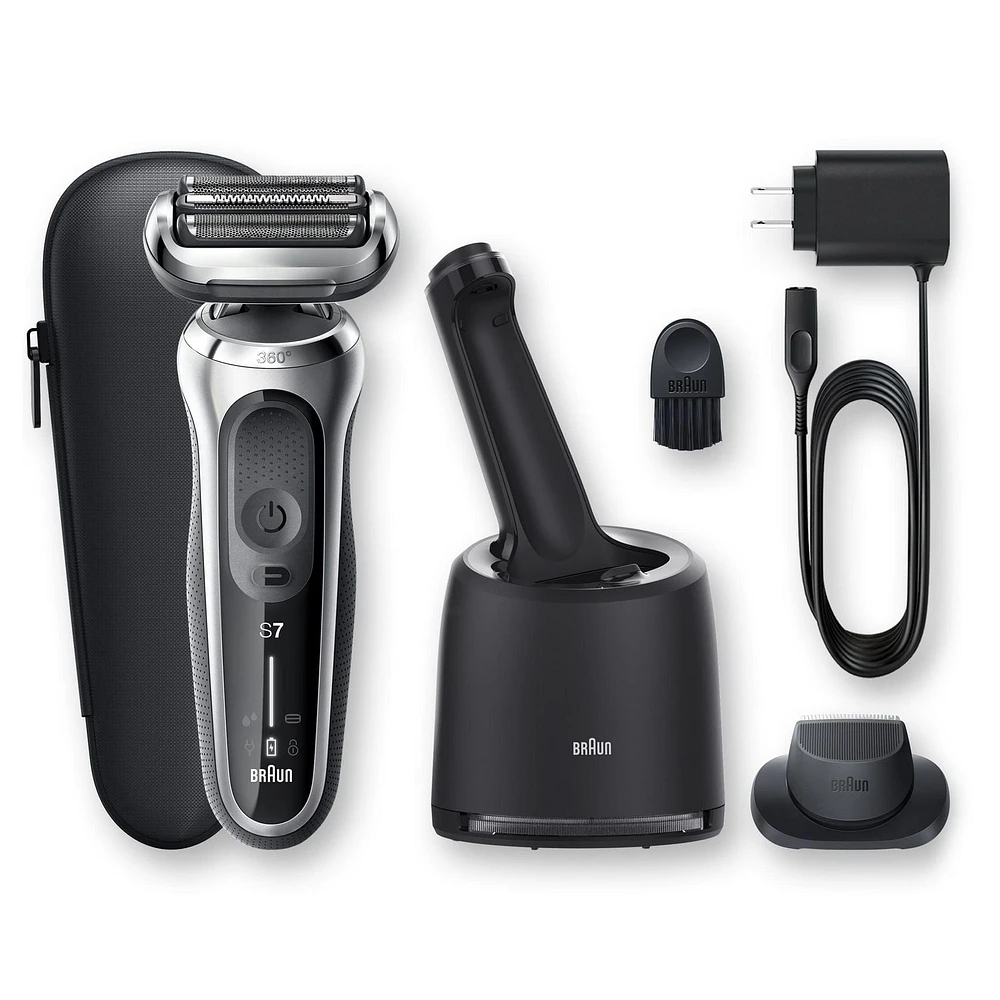Rasoir rechargable Braun Series 7 7071cc Flex, centre SmartCare, tondeuse de précision Peau sèche et mouillée, rasoir à grille sans cordon, argent