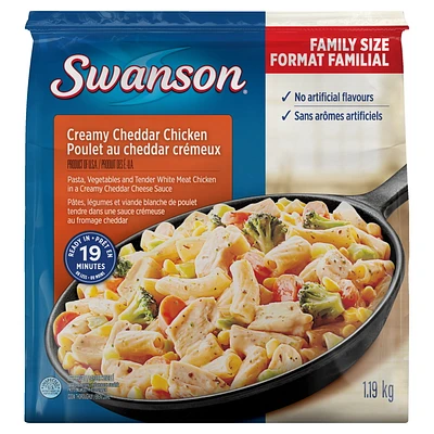 Swanson Creamy Cheddar Chicken Skillet: frozen meal with pasta, vegetables, and chicken in a creamy cheddar cheese sauce