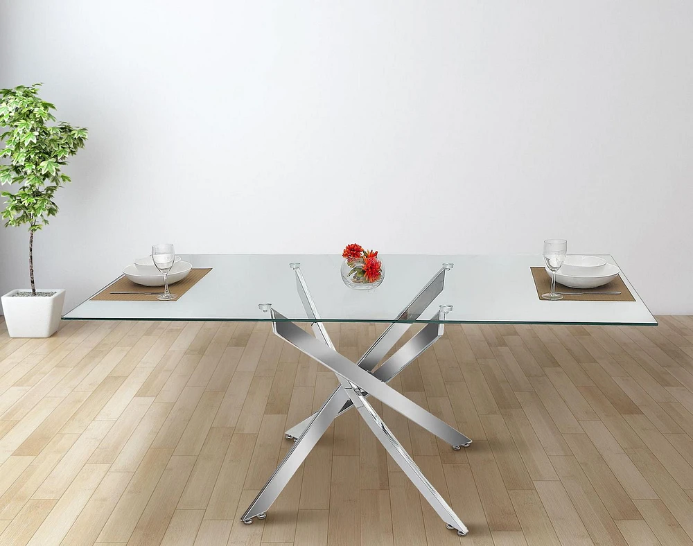 Ensemble de salle à manger K-Living Truro 7PCS avec verre trempé rectangulaire de 60 "avec table de base chromée et chaises en PU noir (1 table et 6 chaises)