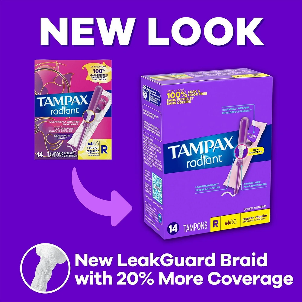 Tampax Radiant Tampons Multipack, with LeakGuard Braid, Regular/Super Absorbency, Unscented, 28CT