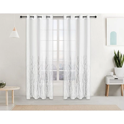 Safdie & Co. Curtain Panel Woven Voile with Branches Embroidered 84L Light Grey