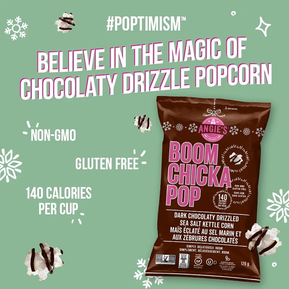 Angie’s BOOMCHICKAPOP® Ready-To-Eat Gluten-Free Popcorn, Non-GMO, Dark Chocolaty Drizzled Sea Salt Popcorn, 128 g, A seasonal whole grain, Non GMO, Kosher, gluten free snack