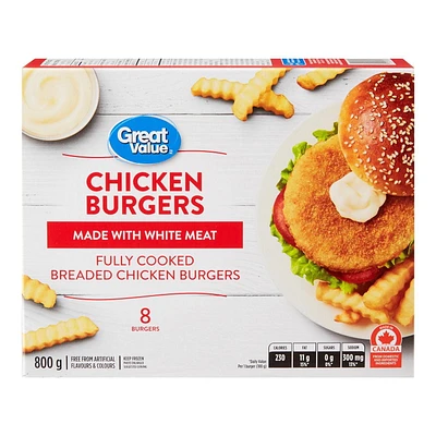 Great Value Chicken Burgers, 8 burgers, 800 g