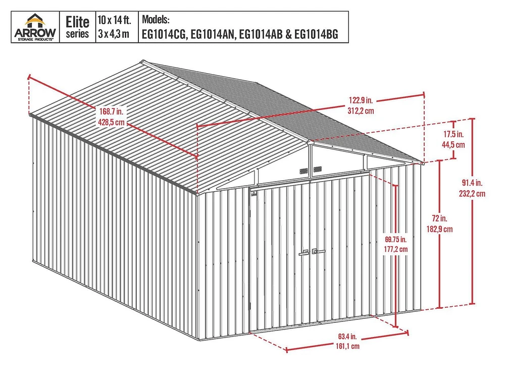 Abri de rangement en acier Arrow Elite, 10 x 14 pi, Bleu Gris