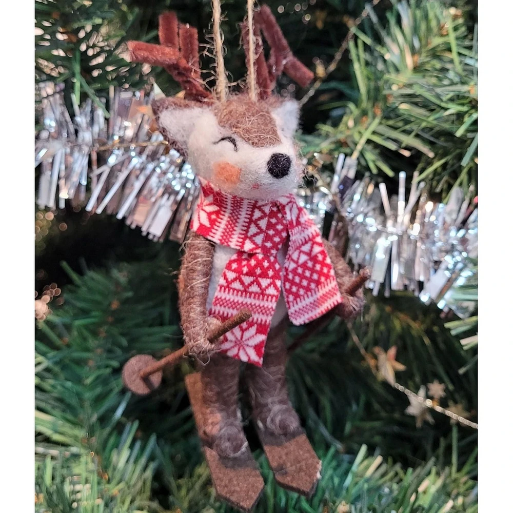 Holiday Time wool polyester Skiing Reindeer ornament - Brown / White / Red