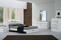 K-Living Phoebe High-Gloss White King-Size Bed with LED Light and Bookshelves in Headboard
