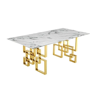 Table de salle à manger en marbre Heger avec plateau en faux marbre et pieds en acier inoxydable doré brillant.